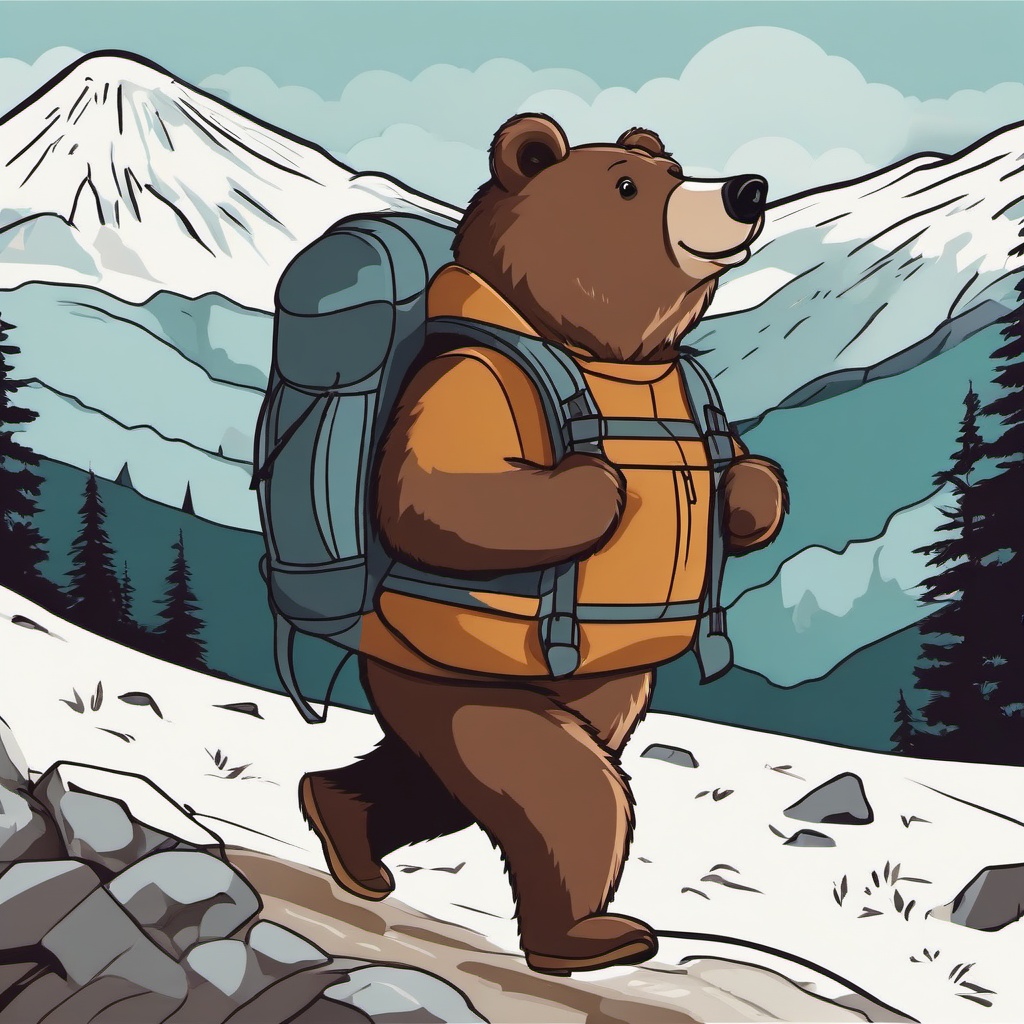 Bear clipart - bear with a backpack in a hiking scene  