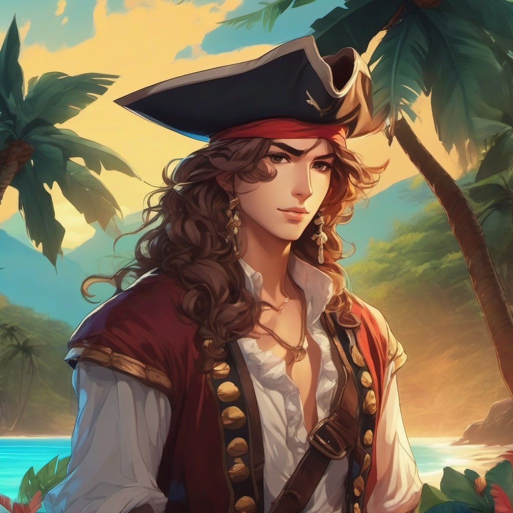 Adventurous pirate character on a tropical island. , aesthetic anime, portrait, centered, head and hair visible, pfp