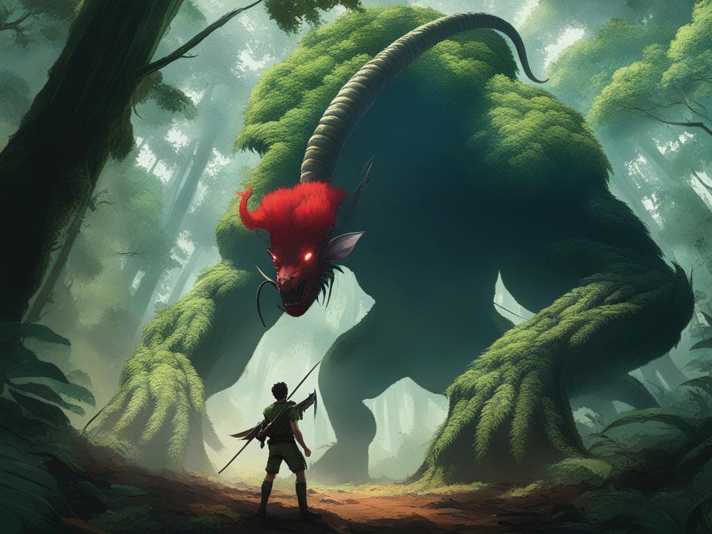 gon freecss confronts a massive chimera ant in a dense forest during a high-stakes battle. 