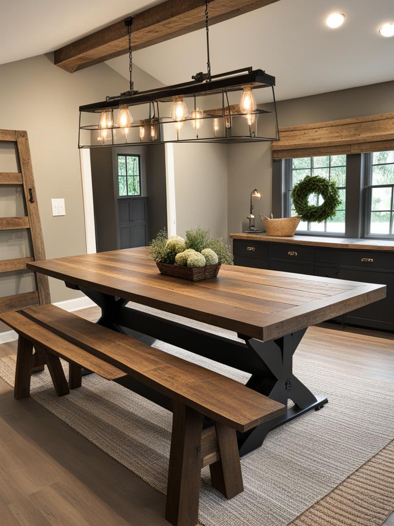 rustic farmhouse dining room with a reclaimed wood table and barn doors. 