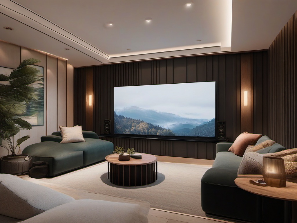 A media room designed with Japandi interior design features comfortable seating, natural materials, and soft lighting that enhance the cinematic experience in a cozy setting.  