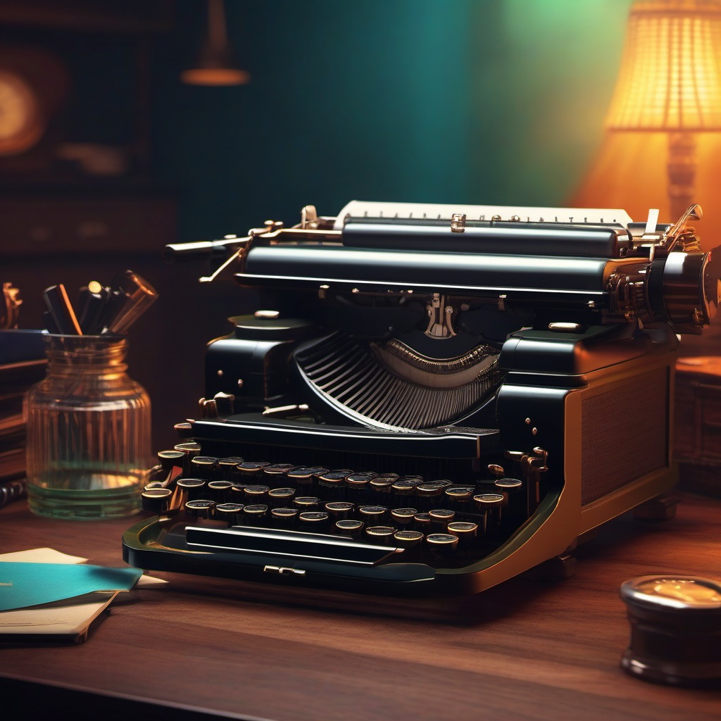 Retro Typewriter - A retro typewriter with a vintage design and mechanical keys hyperrealistic, intricately detailed, color depth,splash art, concept art, mid shot, sharp focus, dramatic, 2/3 face angle, side light, colorful background