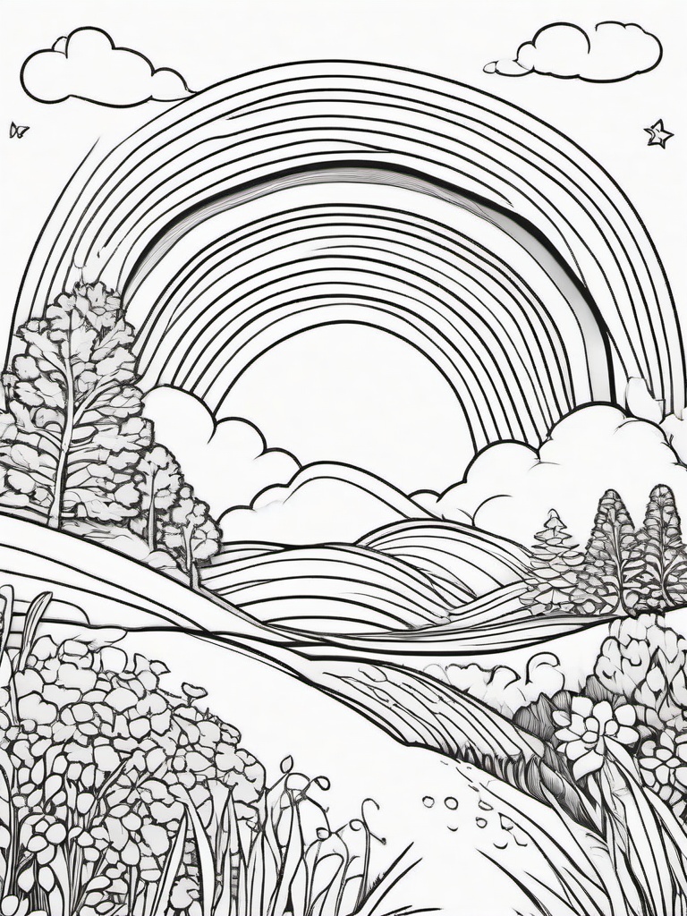 Rainbow Coloring Page - Rainbow amidst a whimsical landscape of joy.  easy,simple,minimal,coloring pages,black and white outline