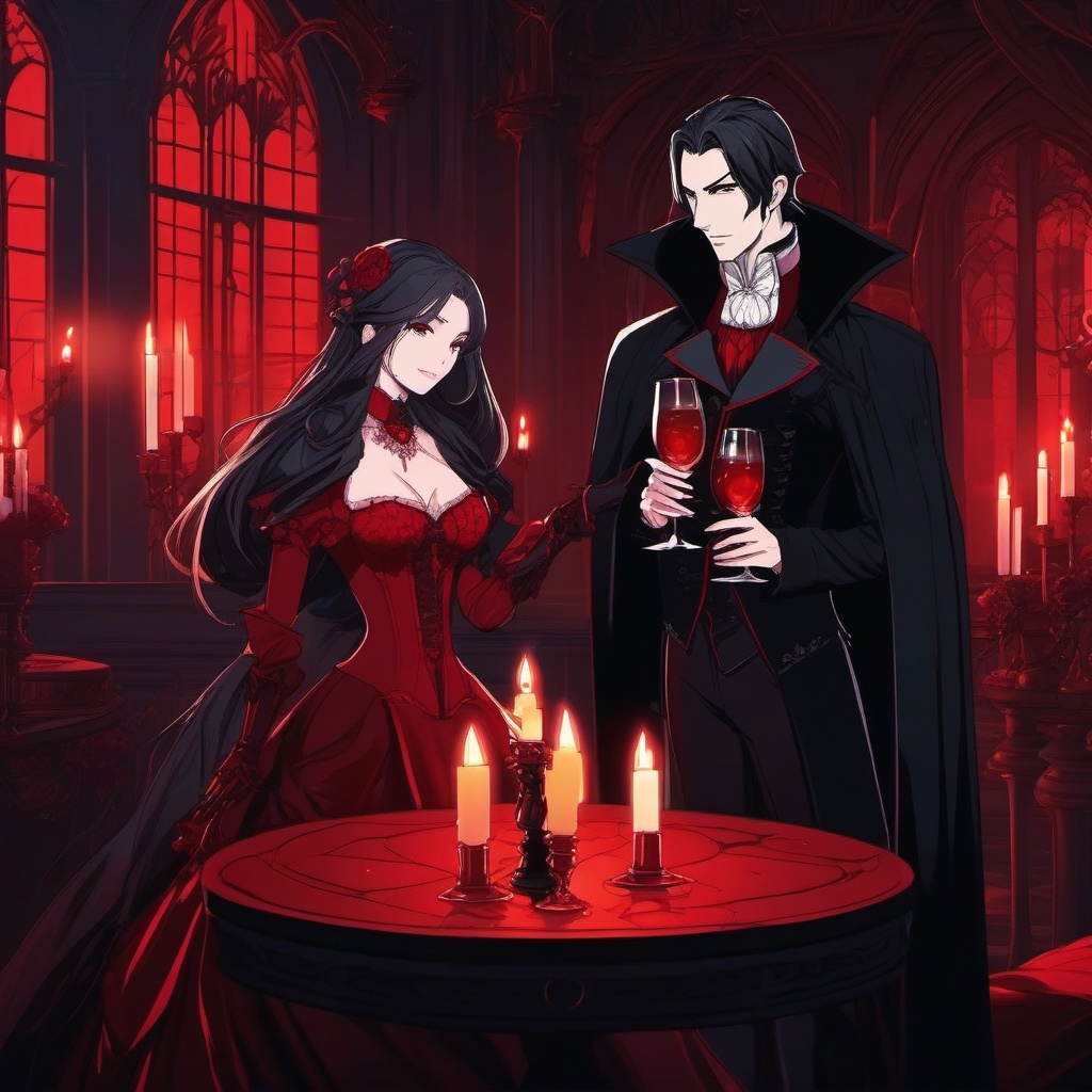 Adorable vampire character and alluring vampire companion, in a Gothic mansion, savoring goblets of crimson blood under the flickering candlelight, as a matching pfp for couples. wide shot, cool anime color style