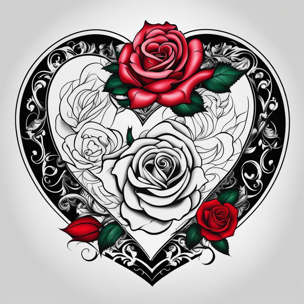 Heart and rose tattoo, Expressing love and passion with heart and rose-themed tattoos.  color, tattoo patterns, white clean background