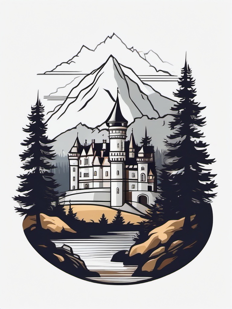 Small castle nestled between mountains and trees clipart.  vector style illustration, white background