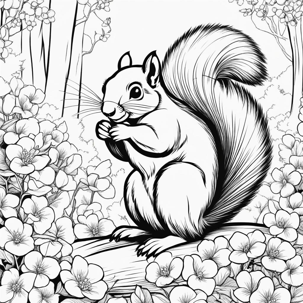 spring coloring pages - a squirrel gathers nuts in a blooming spring forest. 