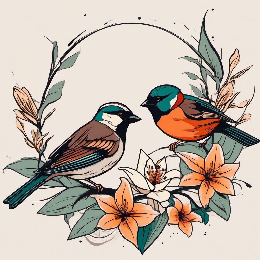 sparrow and lily tattoo  minimalist color tattoo, vector
