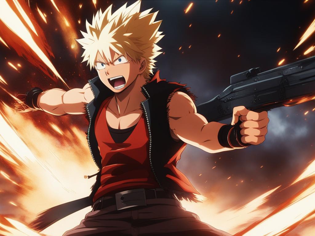 bakugou katsuki unleashes explosive quirk in a fierce battle. 