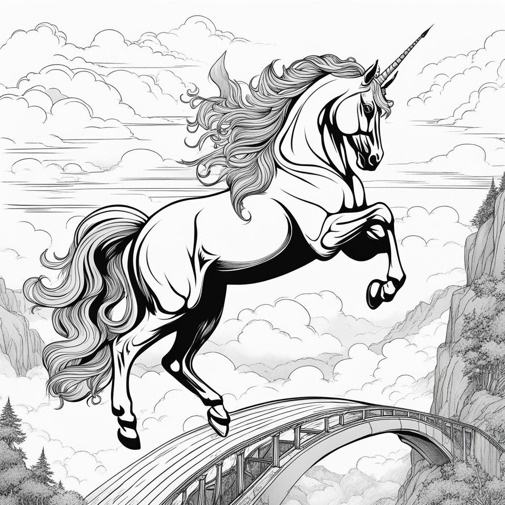 unicorn coloring pages - daring unicorn crossing a treacherous bridge high above the clouds, on a quest for hidden treasures. 