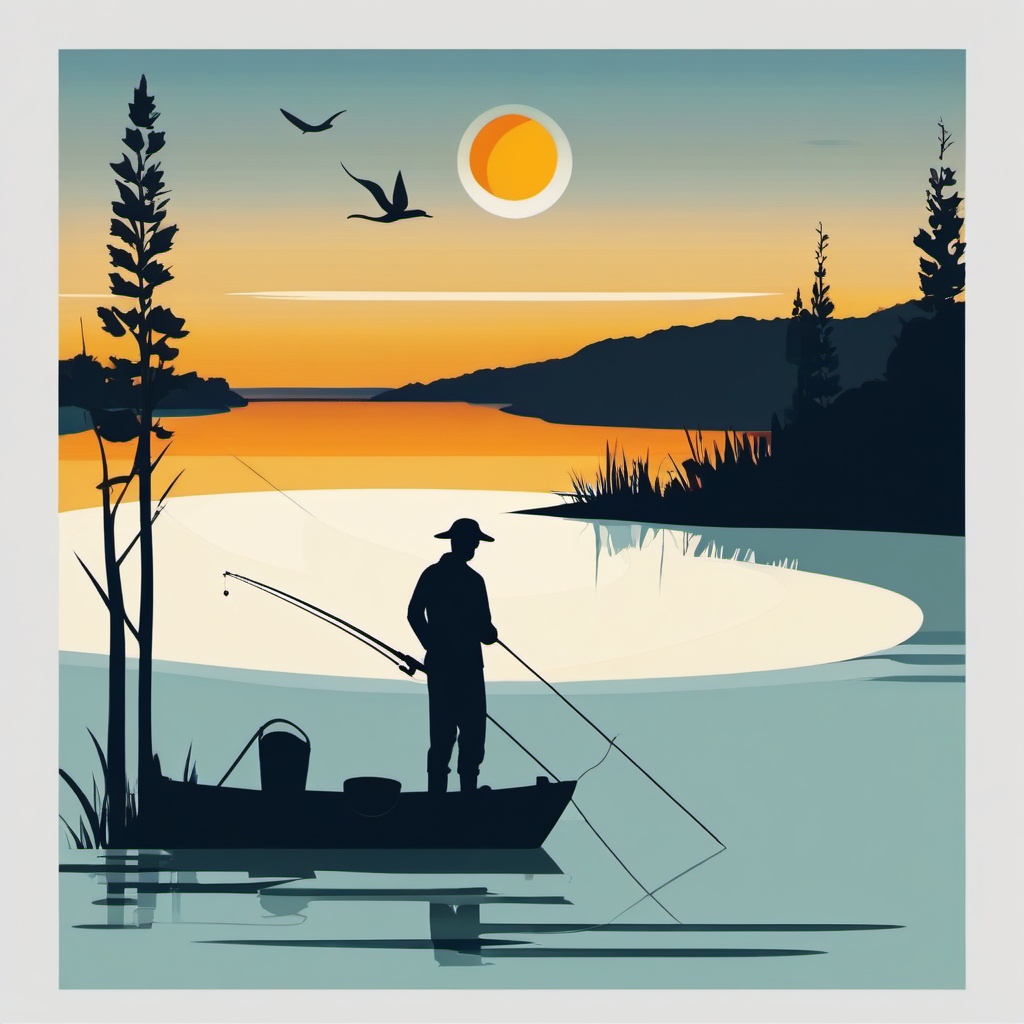 Fishing Rod clipart - A person casting a fishing rod into the lake., ,vector color clipart,minimal