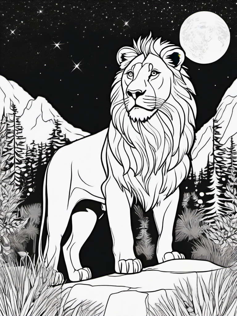 Lion Coloring Pages - Lion standing beside a campfire at night  simple coloring pages