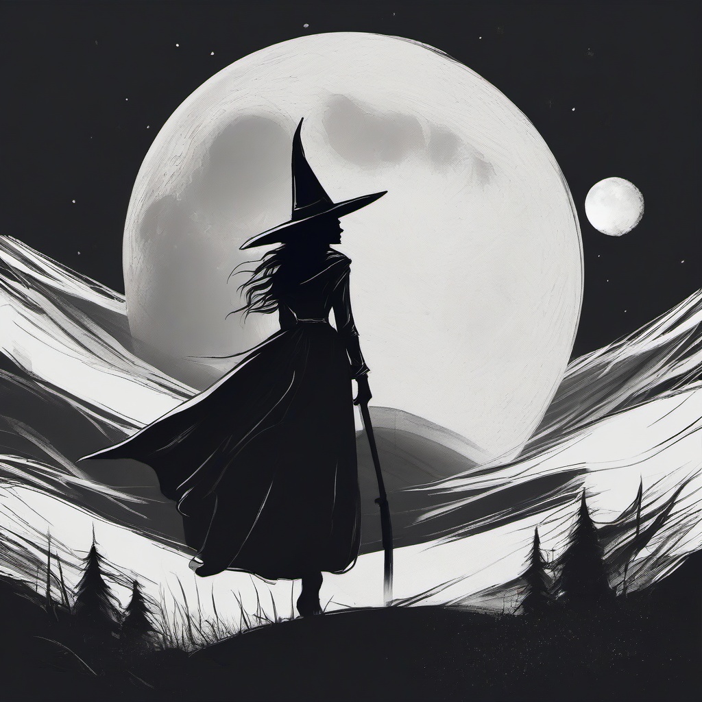 drawing of a witch standing in front of a full moon  minimal rough sketch scribbles,doodles,black and white