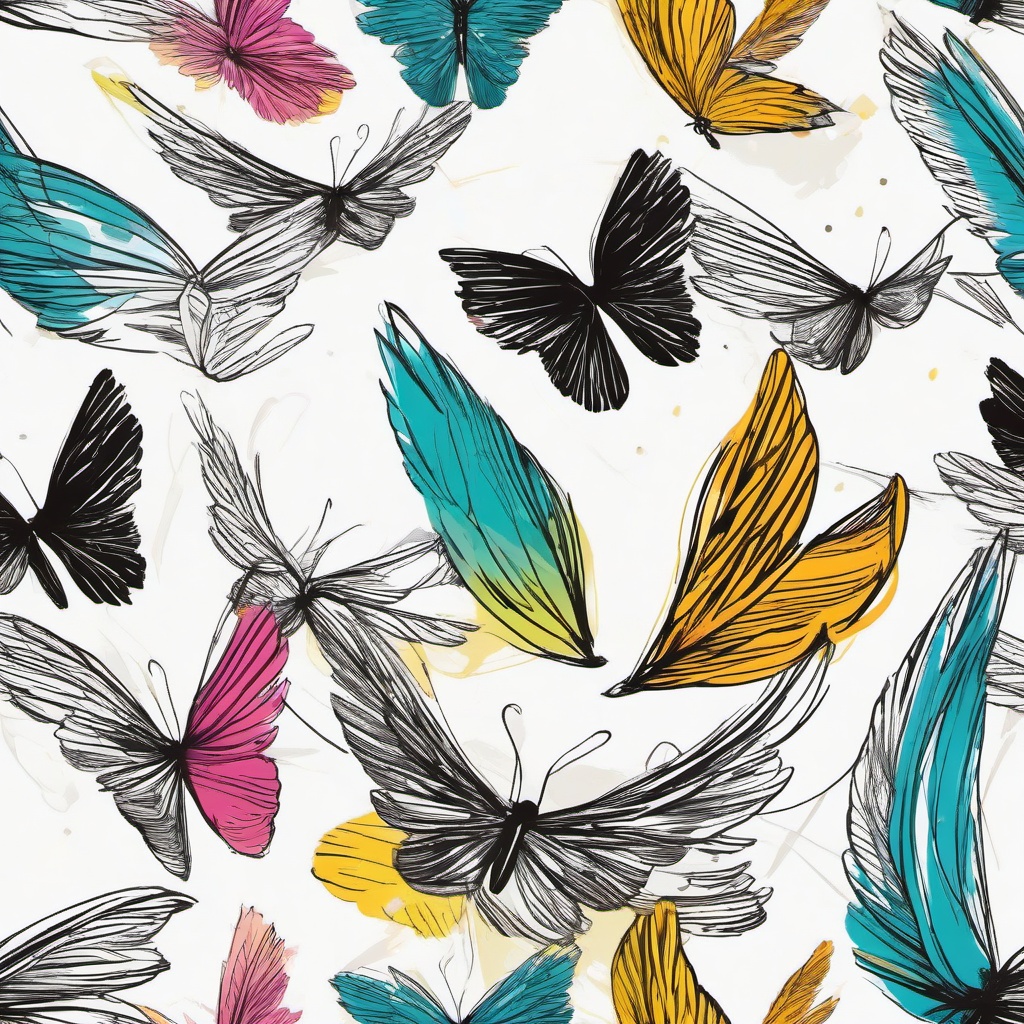 drawing of colorful wings  minimal rough sketch scribbles,doodles,black and white