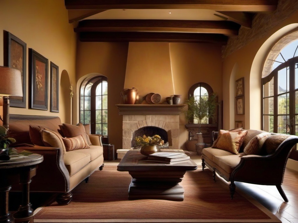 Tuscan living room showcases warm earth tones, comfortable seating, and rustic decor, evoking the charm of a cozy Italian villa.  