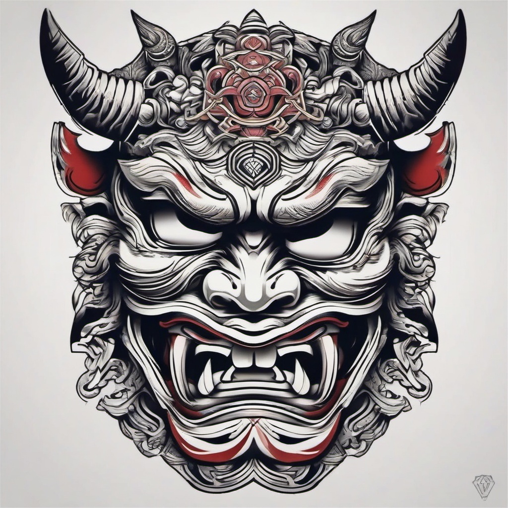 Oni Mask Tattoo-Tattoo inspired by the traditional Japanese Oni mask, showcasing intricate details and symbolism.  simple color tattoo,white background