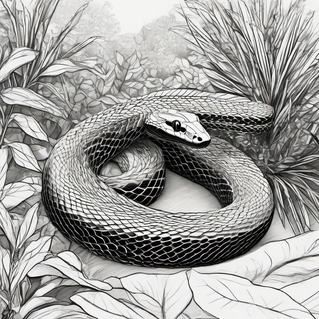 drawing of a snake in a botanical garden  minimal rough sketch scribbles,doodles,black and white