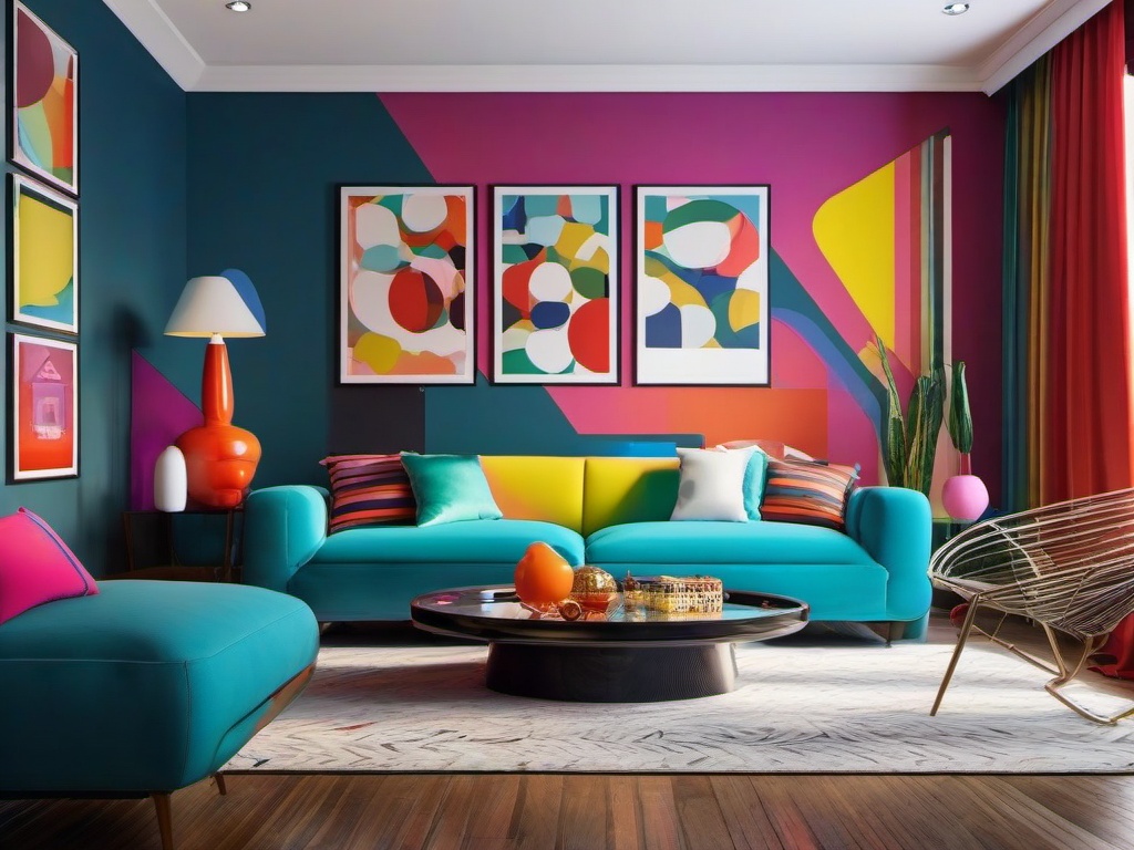 Pop Art interior design in the living room features vibrant colors, iconic artwork, and playful decor that create a lively and energetic atmosphere.  