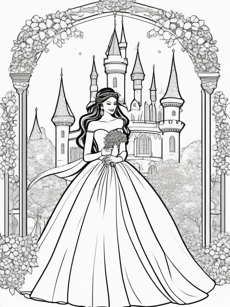 Fairytale Wedding Coloring Pages - Princess in a Magical Wedding Scene  minimal black outline printable sheet, coloring page