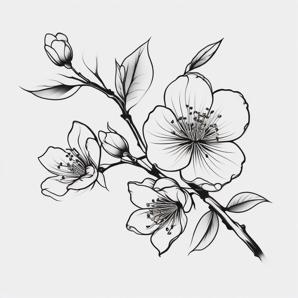 Japanese Cherry Blossom Tattoo Outline - Simple, elegant, clean lines.  simple color tattoo,white background,minimal