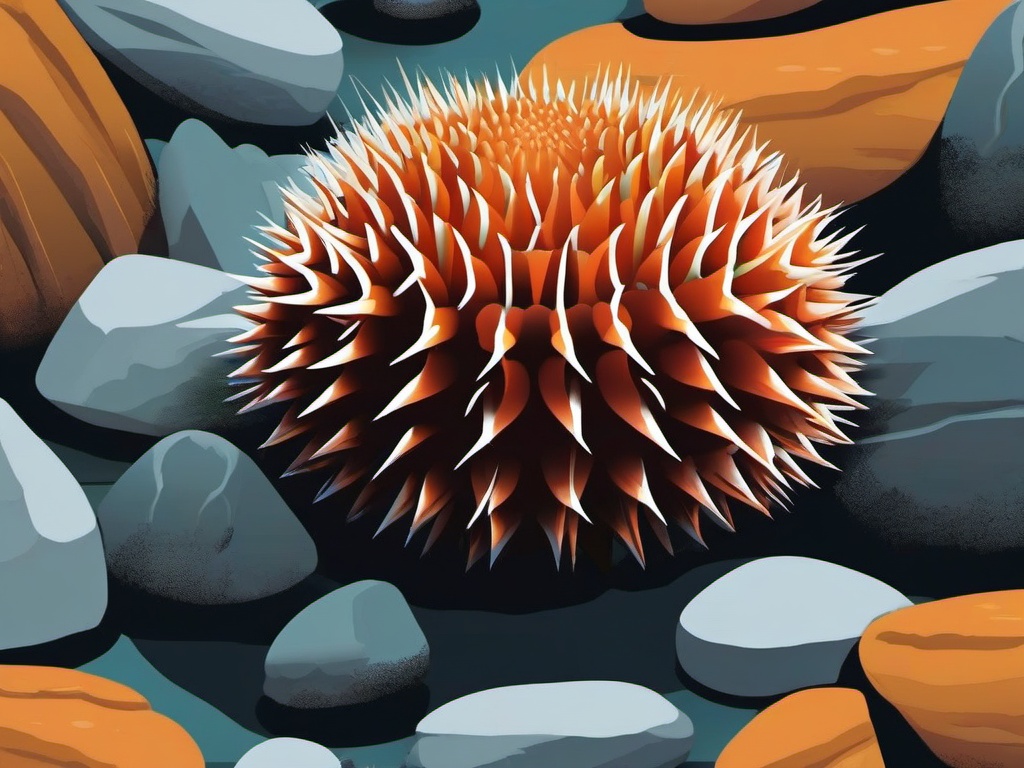 Sea Urchin Sticker - A spiky sea urchin nestled among rocks, ,vector color sticker art,minimal