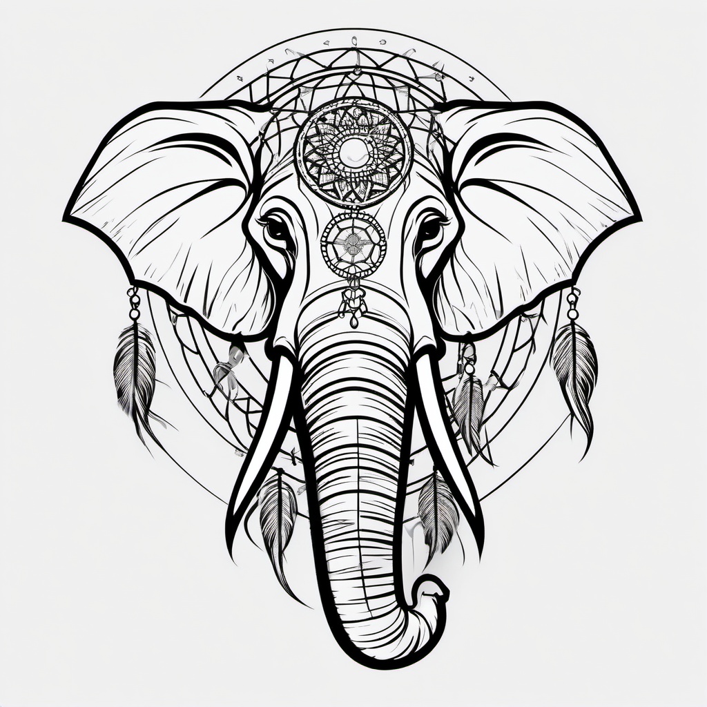 Elephant Dream Catcher Tattoo - Tattoo combining a dream catcher with elephant elements.  simple vector tattoo,minimalist,white background