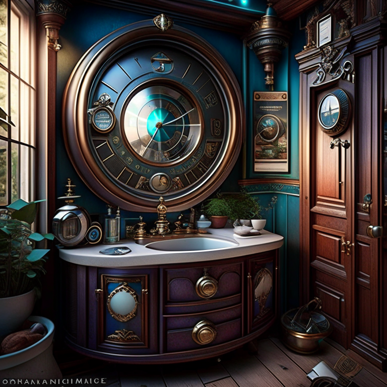 time traveler's bathroom with vintage time machines and time vortex sink. 