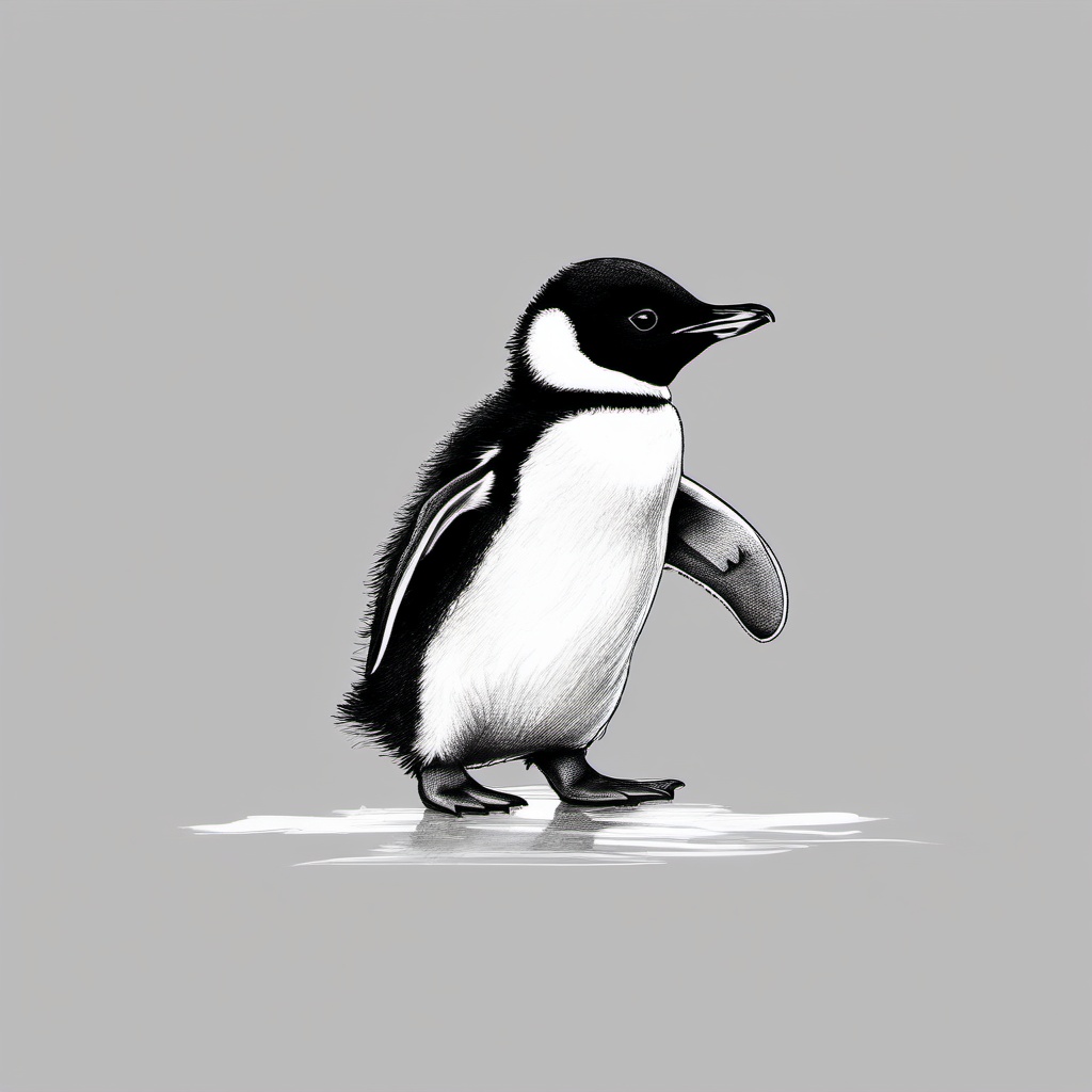 drawing of a baby penguin standing on ice  minimal rough sketch scribbles,doodles,black and white