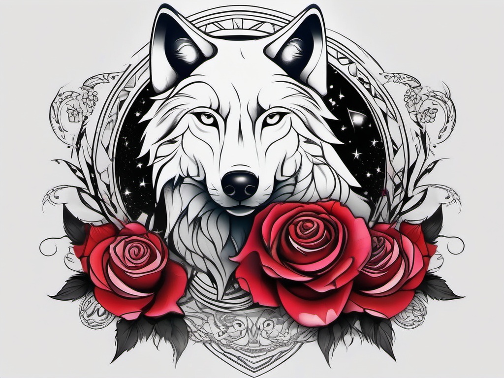 Rose Wolf Tattoo,fusion of the rose and wolf, celebration of the balance between grace and power. , tattoo design, white clean background