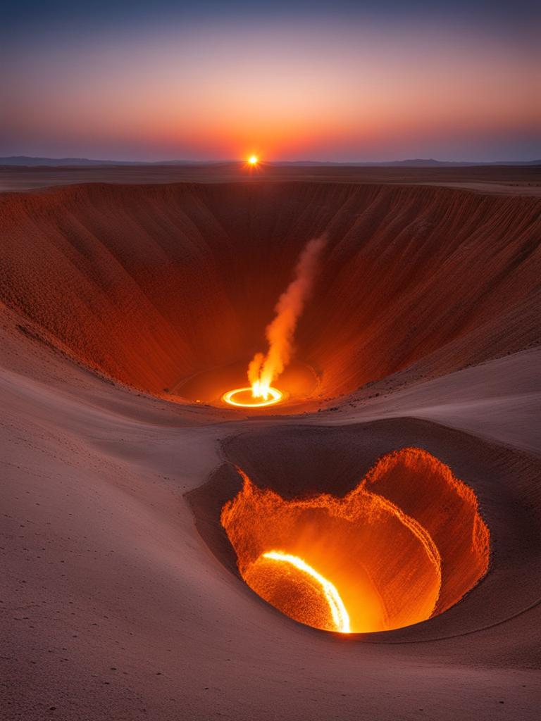 derweze, turkmenistan - create a surreal dreamscape of the darvaza gas crater, known as the door to hell, burning in the desert at night. 