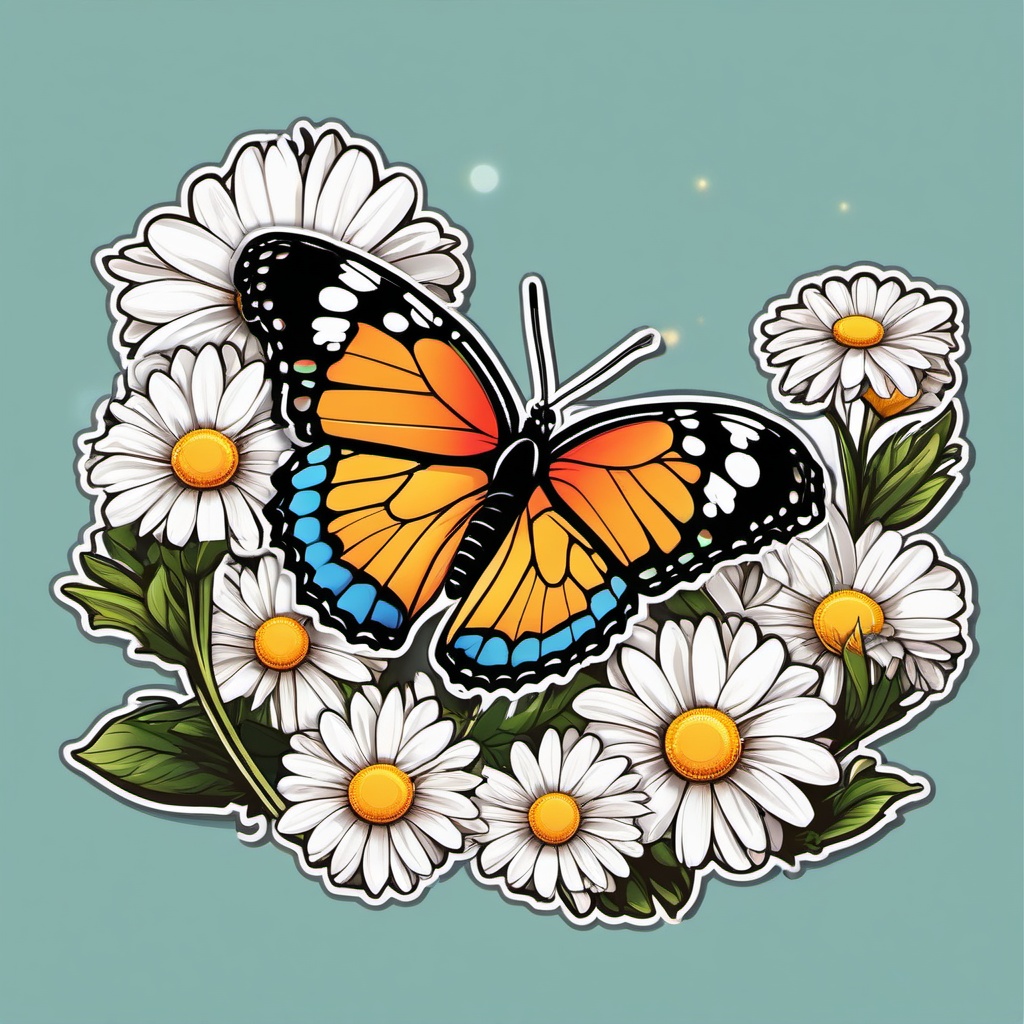 Butterfly and Daisies Sticker - Butterfly resting on daisies, ,vector color sticker art,minimal