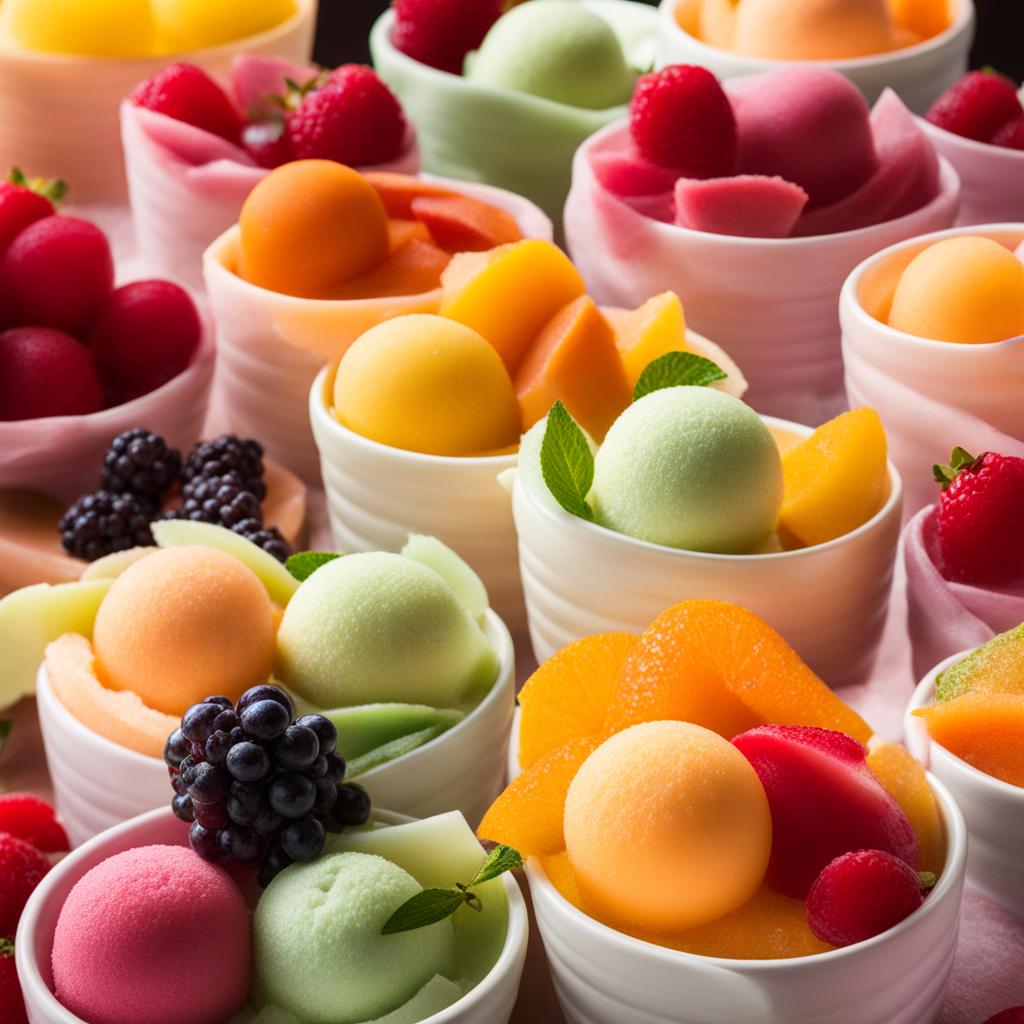 an array of colorful sorbets, each with a vibrant fruit flavor and refreshing, icy texture. 