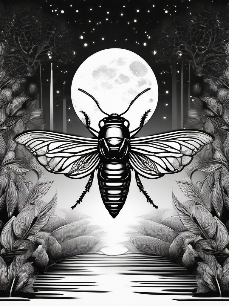 Abstract cicada and moonlit night design: Nocturnal charm of the cicada depicted in ink.  black white tattoo, white background