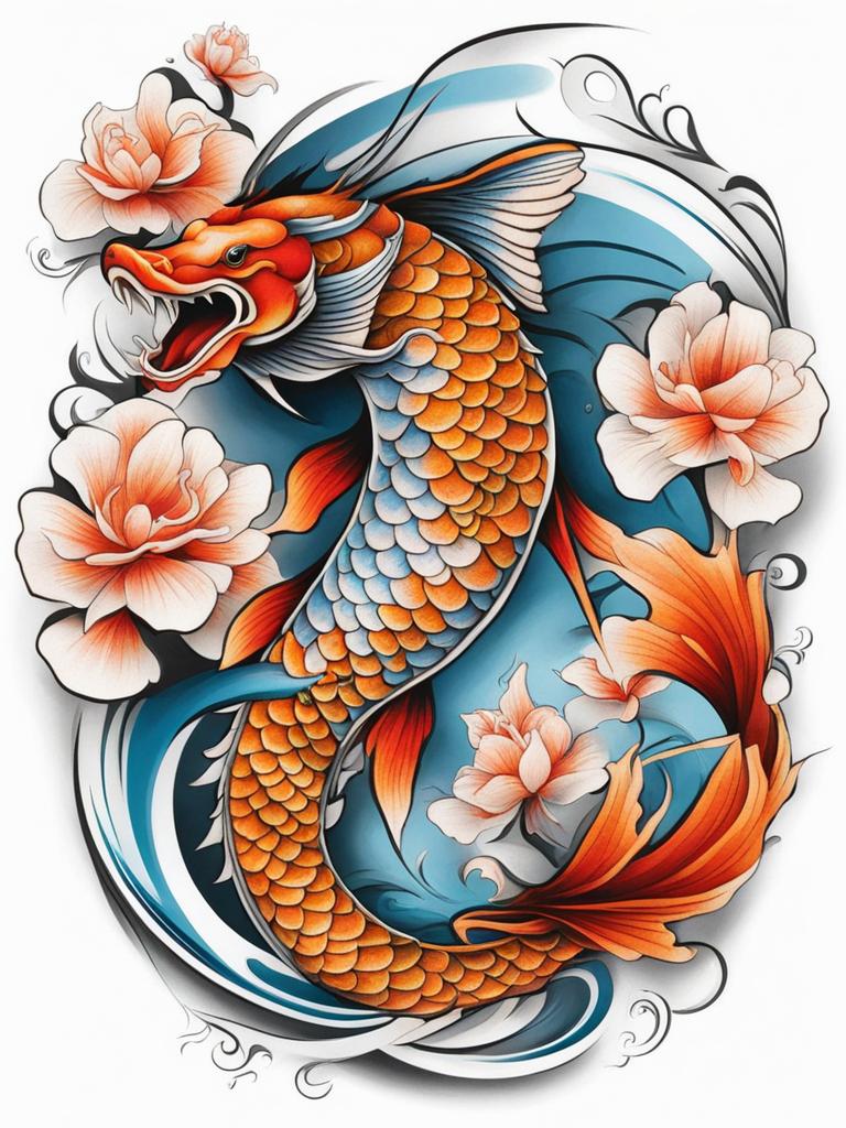 Dragon koi fish tattoo, Tattoos combining the beauty of koi fish with dragon imagery.  color, tattoo style pattern, clean white background