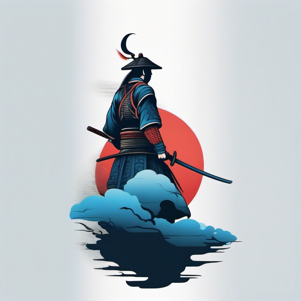 Samurai tattoo against a serene azure sky, embodying peace.  color tattoo,minimalist,white background