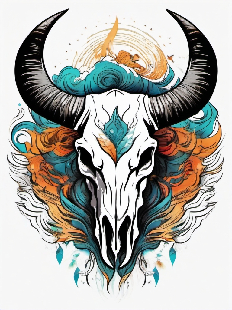 Abstract bull skull waves ink. Dynamic energy of the wilderness.  color tattoo design, white background