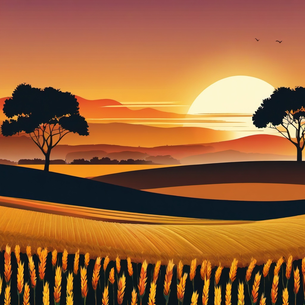 Sunset over Harvest Fields clipart - Sun setting over fields, ,vector color clipart,minimal