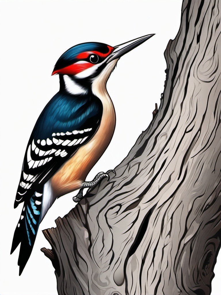 Woodpecker Tattoo - Woodpecker pecking rhythmically on a tree trunk  color tattoo design, clean white background