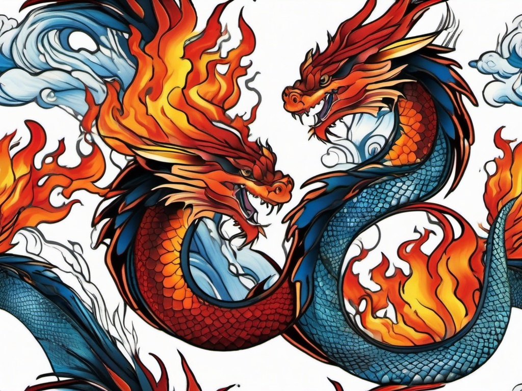 fire and water dragon tattoo  simple color tattoo,white background