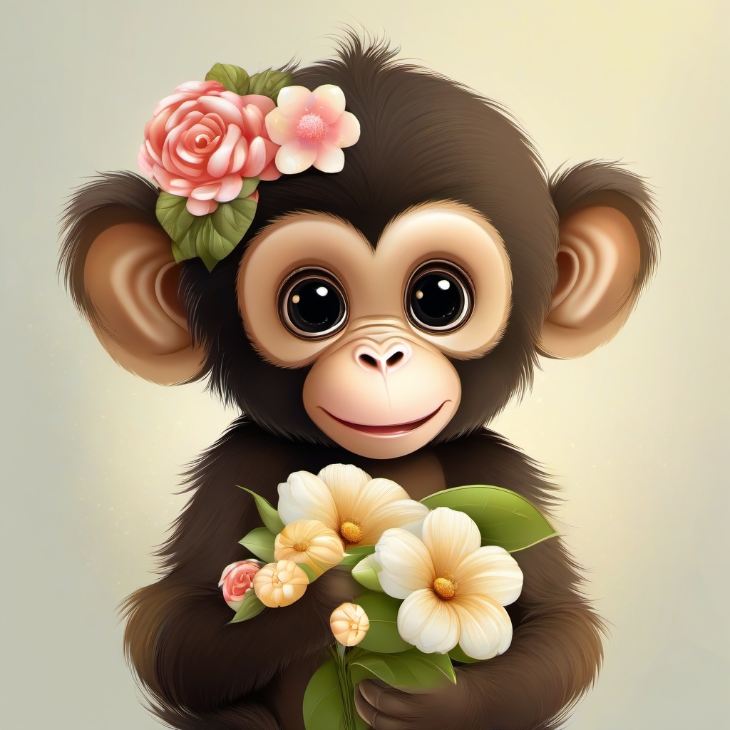 Baby girl monkey with a bow in her hair holding a flower bouquet 