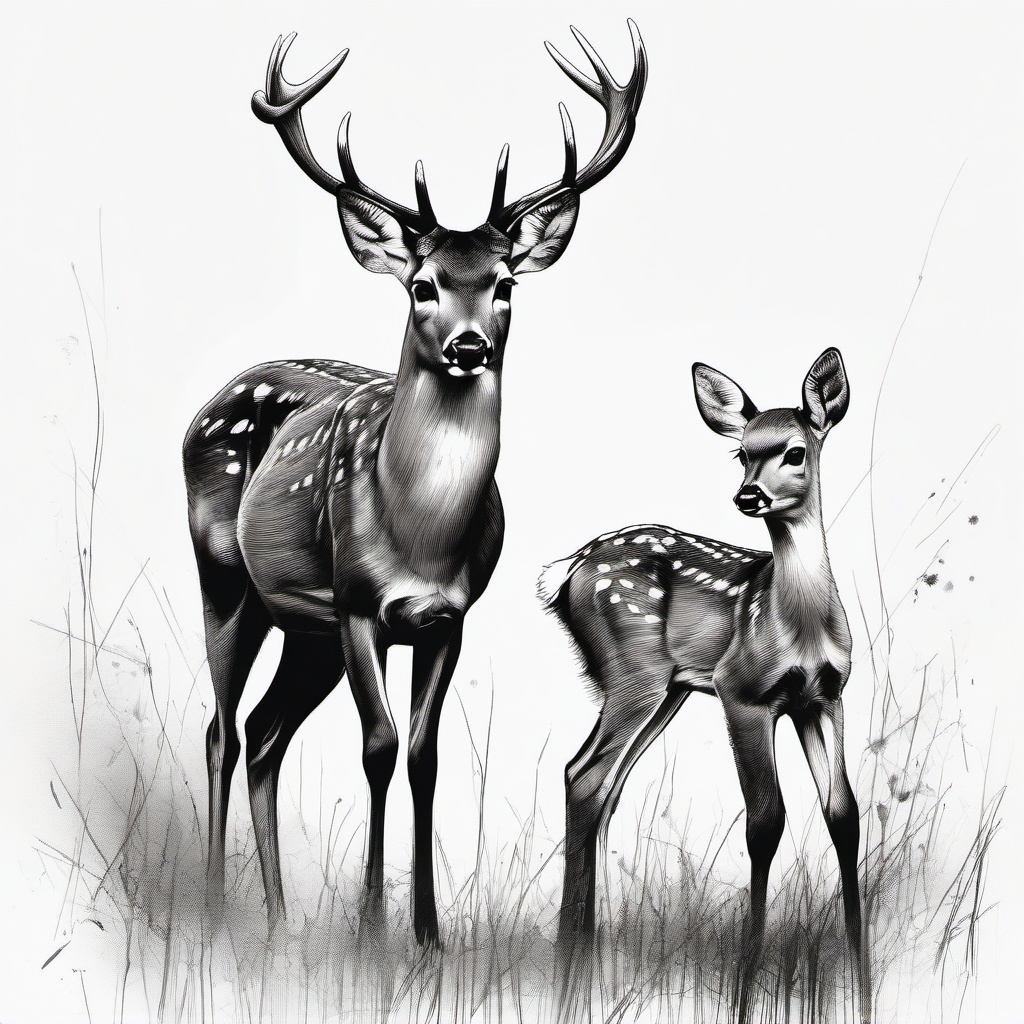 drawing of a deer and a fawn  minimal rough sketch scribbles,doodles,black and white