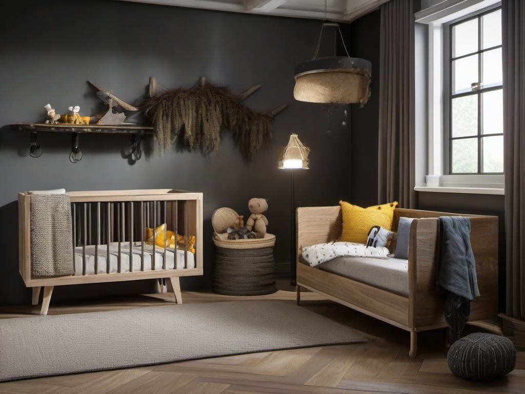 The nursery features Post-Apocalyptic interior design with a mix of natural textures, rugged decor, and playful accents that create an imaginative space for the baby.  