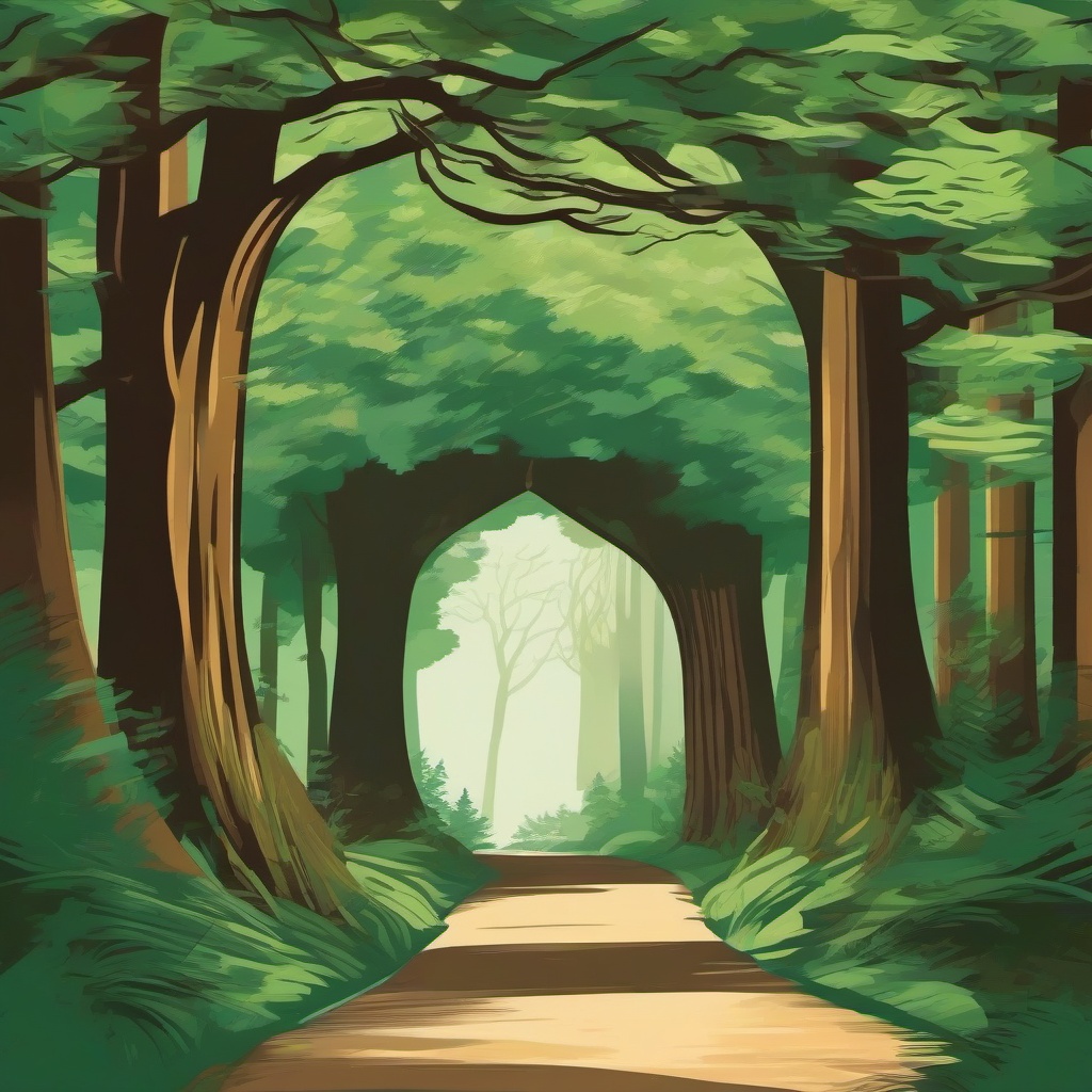 The illustration depicts a winding road through a dense forest of tall trees. The trees have a mix of green and brown hues, and the road curves through the forest, creating a sense of depth. The scene is framed by an archway, adding a feeling of entry into the forest. The illustration has a serene a  colors,professional t shirt vector design, white background