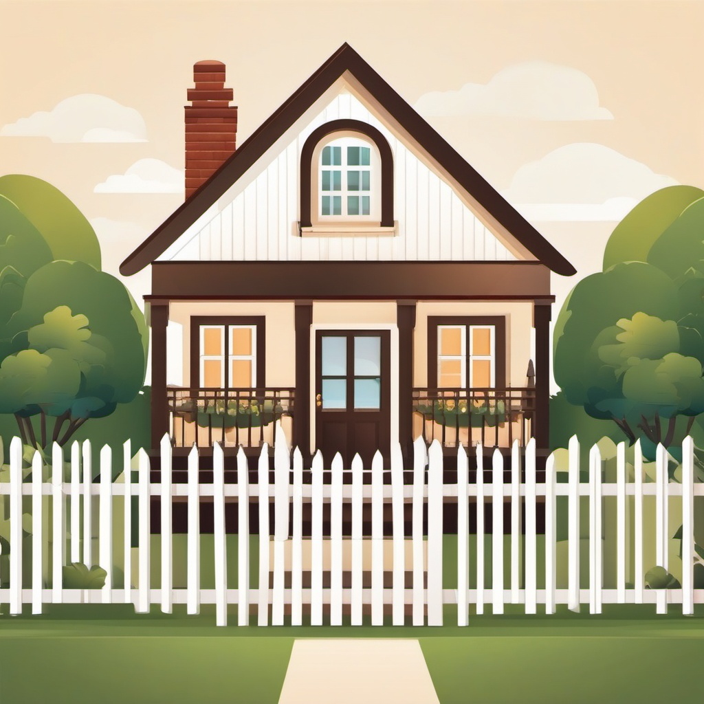 House Clipart - A cozy house with a picket fence.  color clipart, minimalist, vector art, 