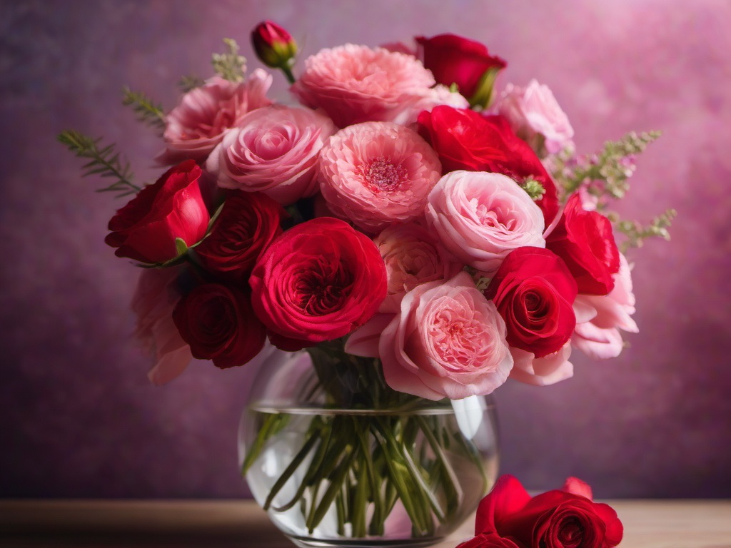 Valentine's Day background - Bouquet of mixed pink and red flowers in a glass vase  aesthetic background wallpaper