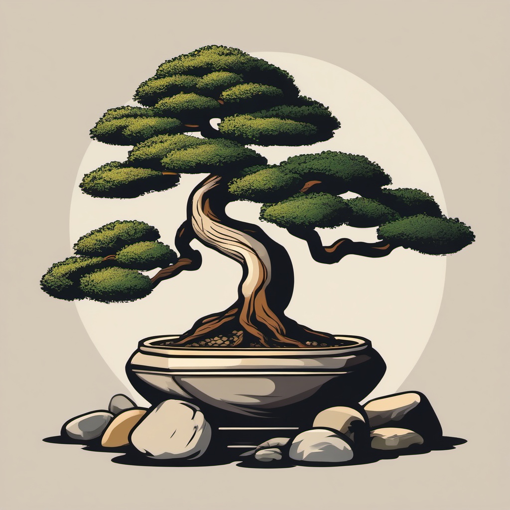 Bonsai Tree and Zen Stones Clipart - Bonsai tree amidst Zen garden stones.  color clipart, minimalist, vector art, 