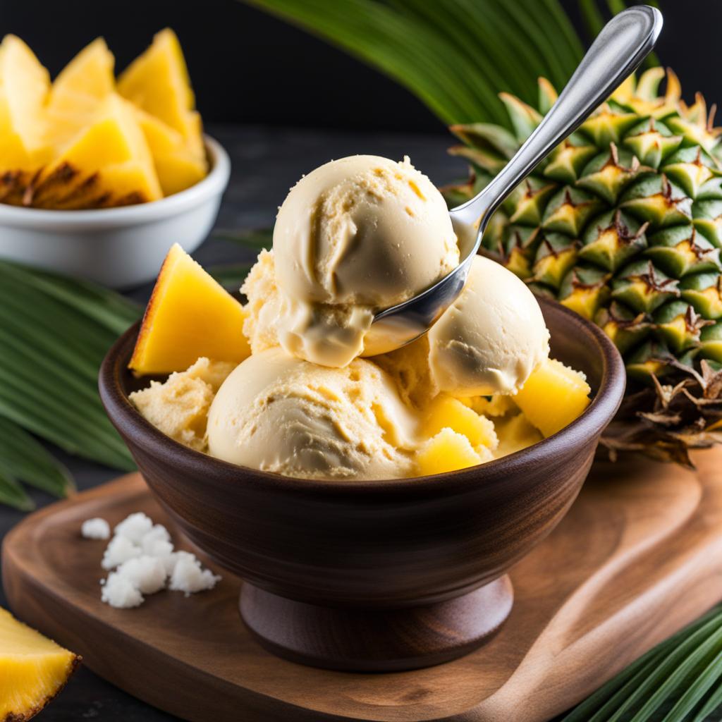 scoop of velvety coconut pineapple ice cream, with a tropical blend of flavors. 