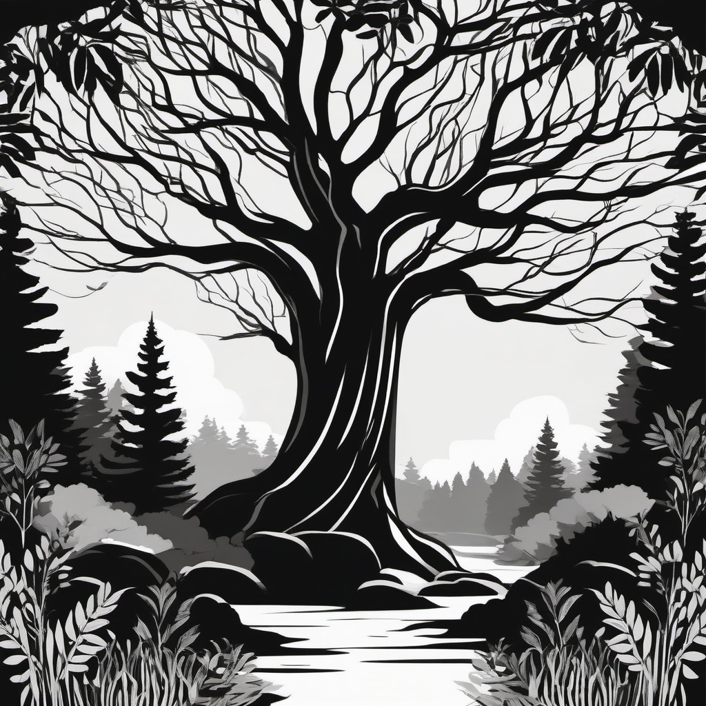 Tree Black White Clipart,Illustrating a serene forest scene with tree black white clipart  simple, 2d flat