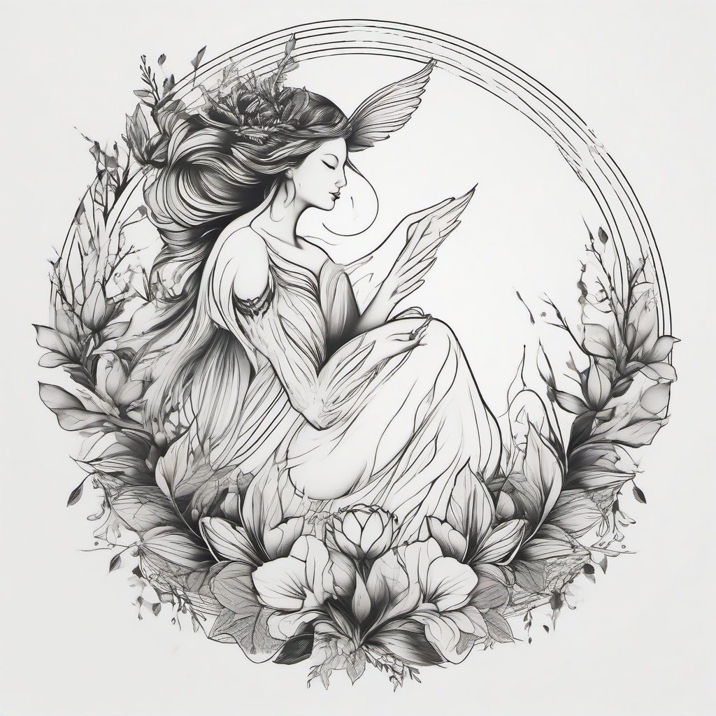 Nymph Tattoo - Mythical spirit symbolizing nature’s beauty and mystery  minimal tattoo design,white background