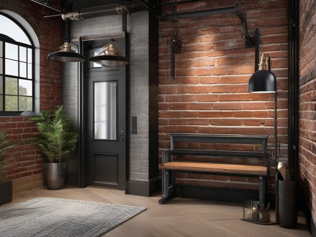 Industrial entryway incorporates metal accents, a wooden bench, and exposed brick walls, giving it a trendy urban vibe that enhances the overall entry experience.  